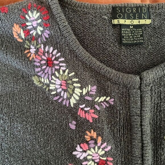 SIGRID OLSEN Vintage 90s Embroidered Floral Cardigan Sweater Medium Cottagecore - Picture 12 of 13